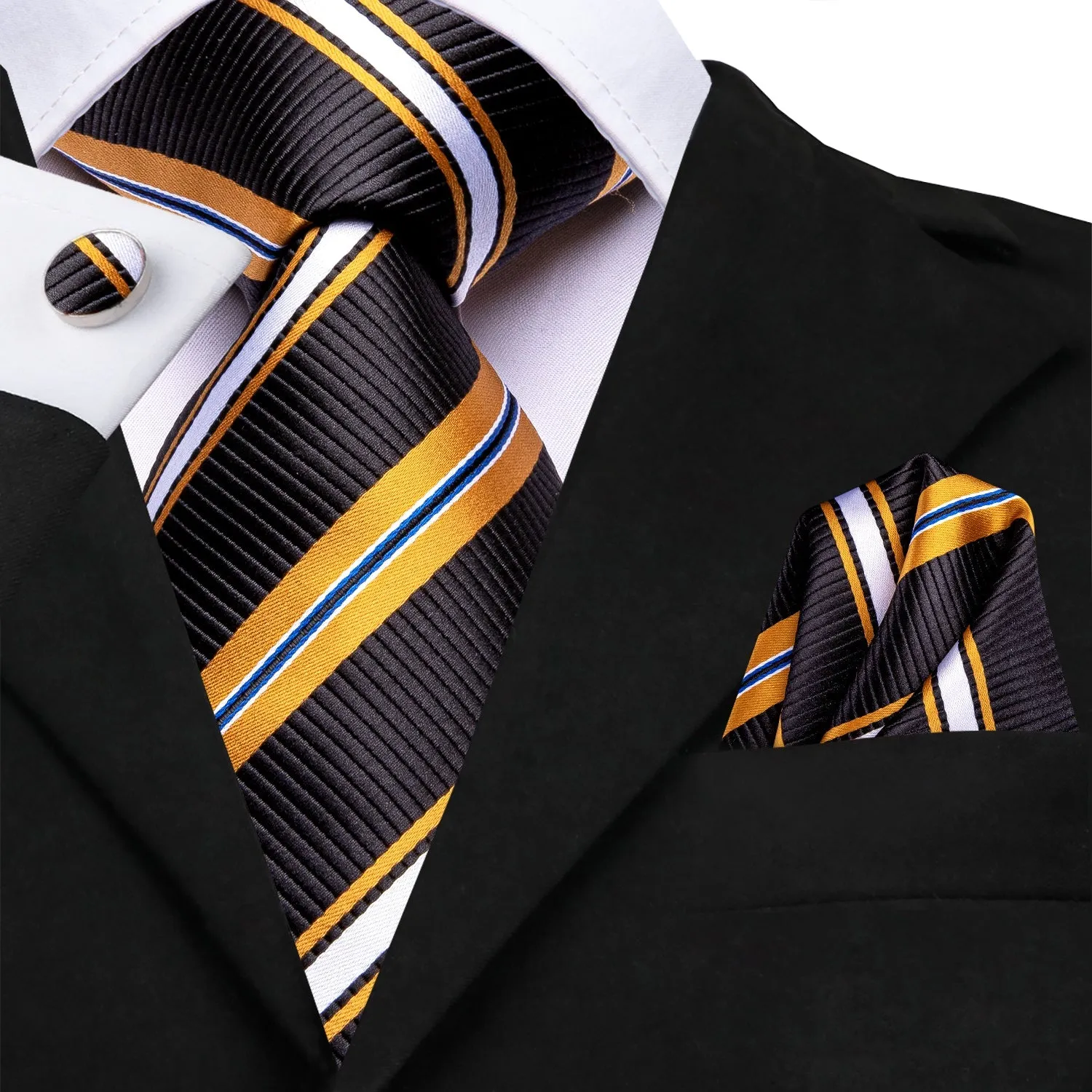 Black Yellow White Striped Men's Necktie Pocket Square Cufflinks Set