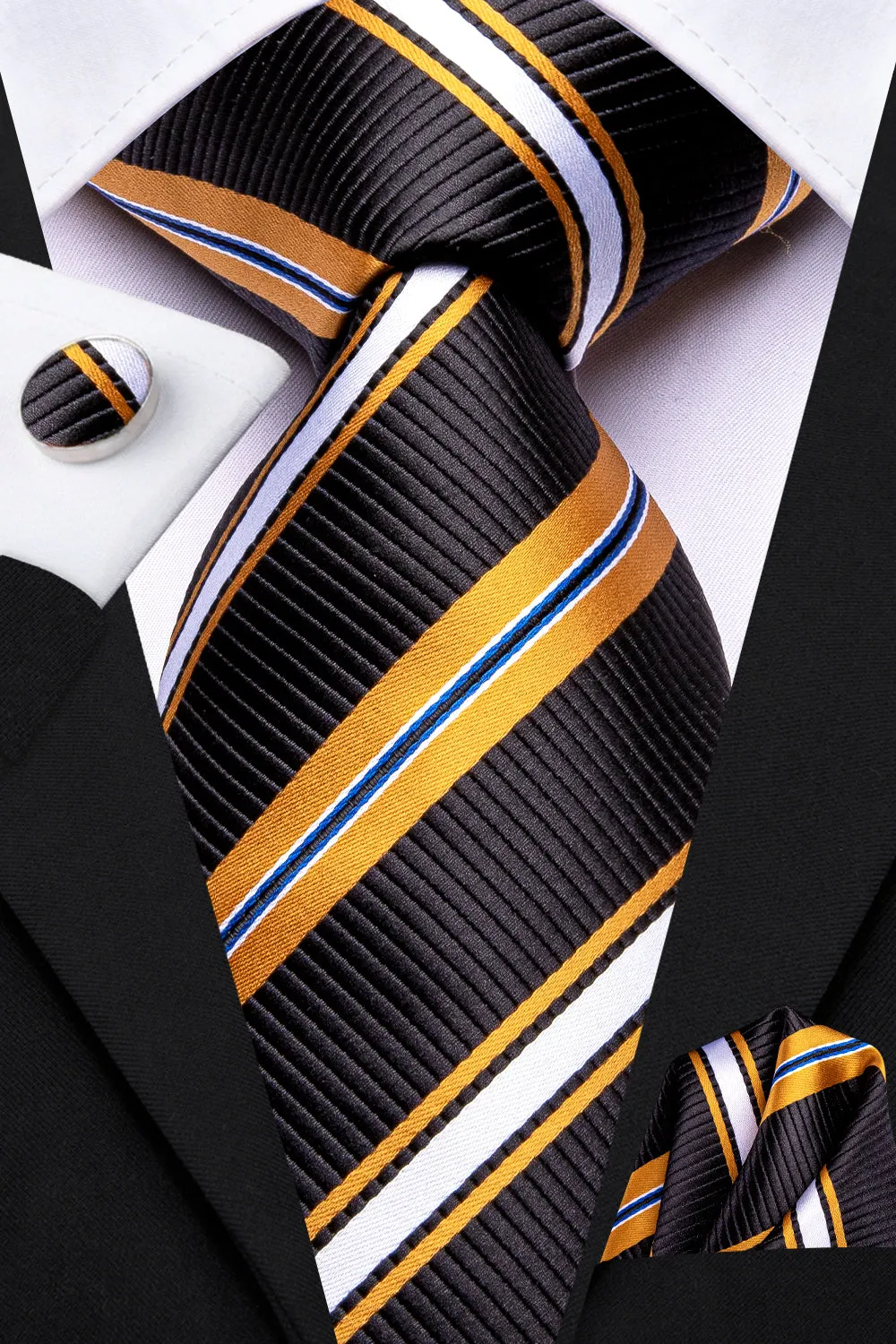 Black Yellow White Striped Men's Necktie Pocket Square Cufflinks Set