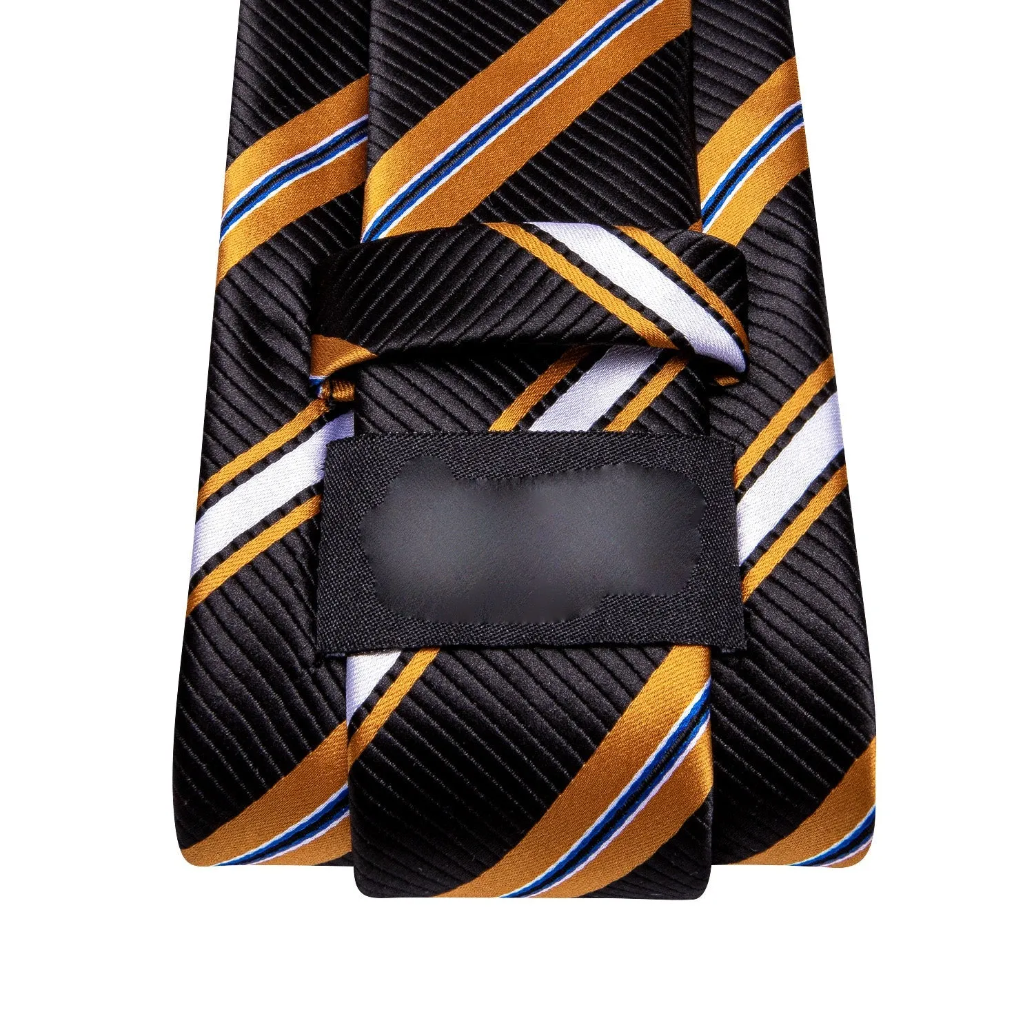 Black Yellow White Striped Men's Necktie Pocket Square Cufflinks Set