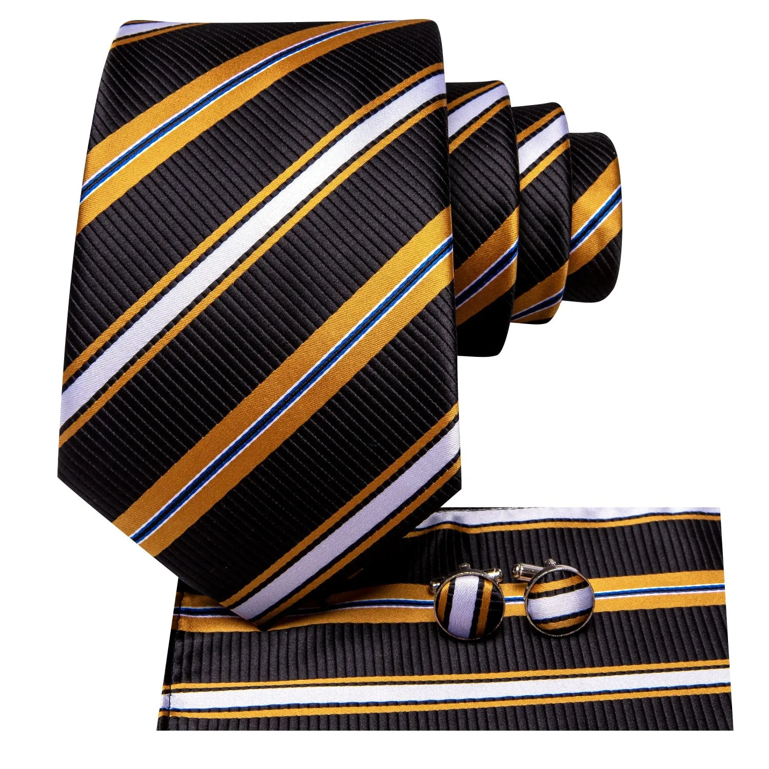 Black Yellow White Striped Men's Necktie Pocket Square Cufflinks Set