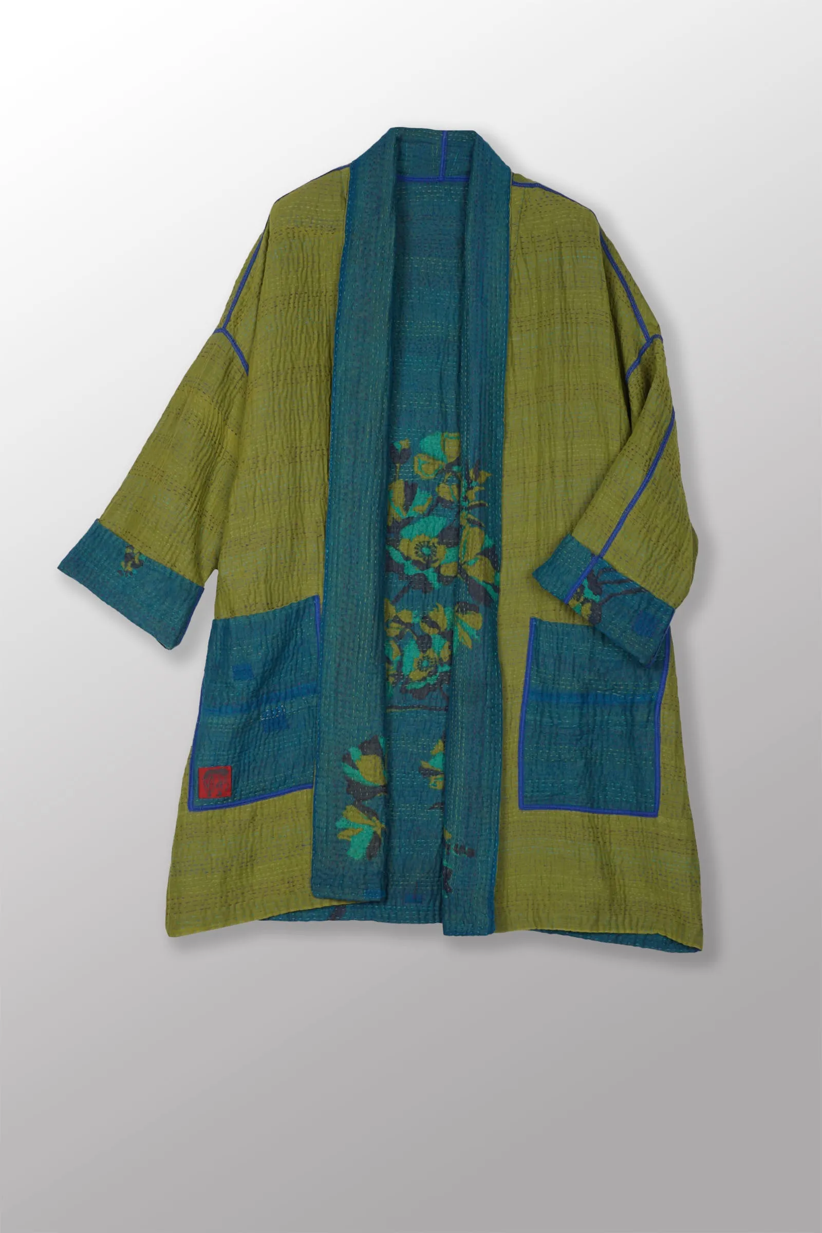 BLOOMING FLOWERS KANTHA HAORI JACKET - bf4068-blu -