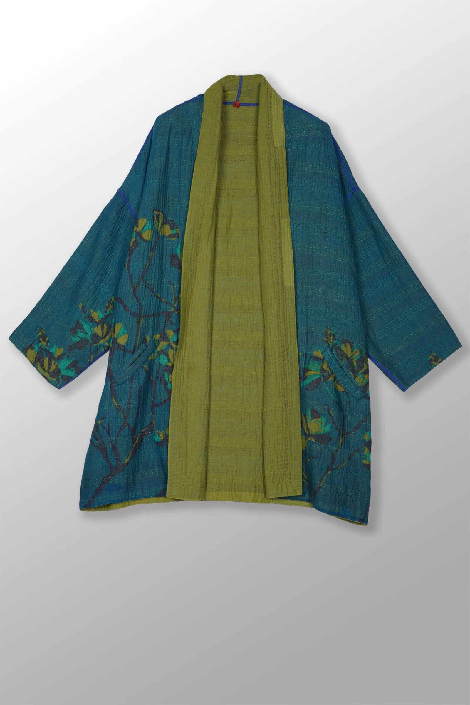 BLOOMING FLOWERS KANTHA HAORI JACKET - bf4068-blu -