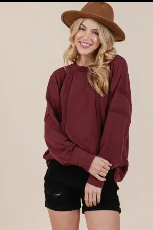 Blouse - Rib Round Neck Long Sleeve Top, Wine