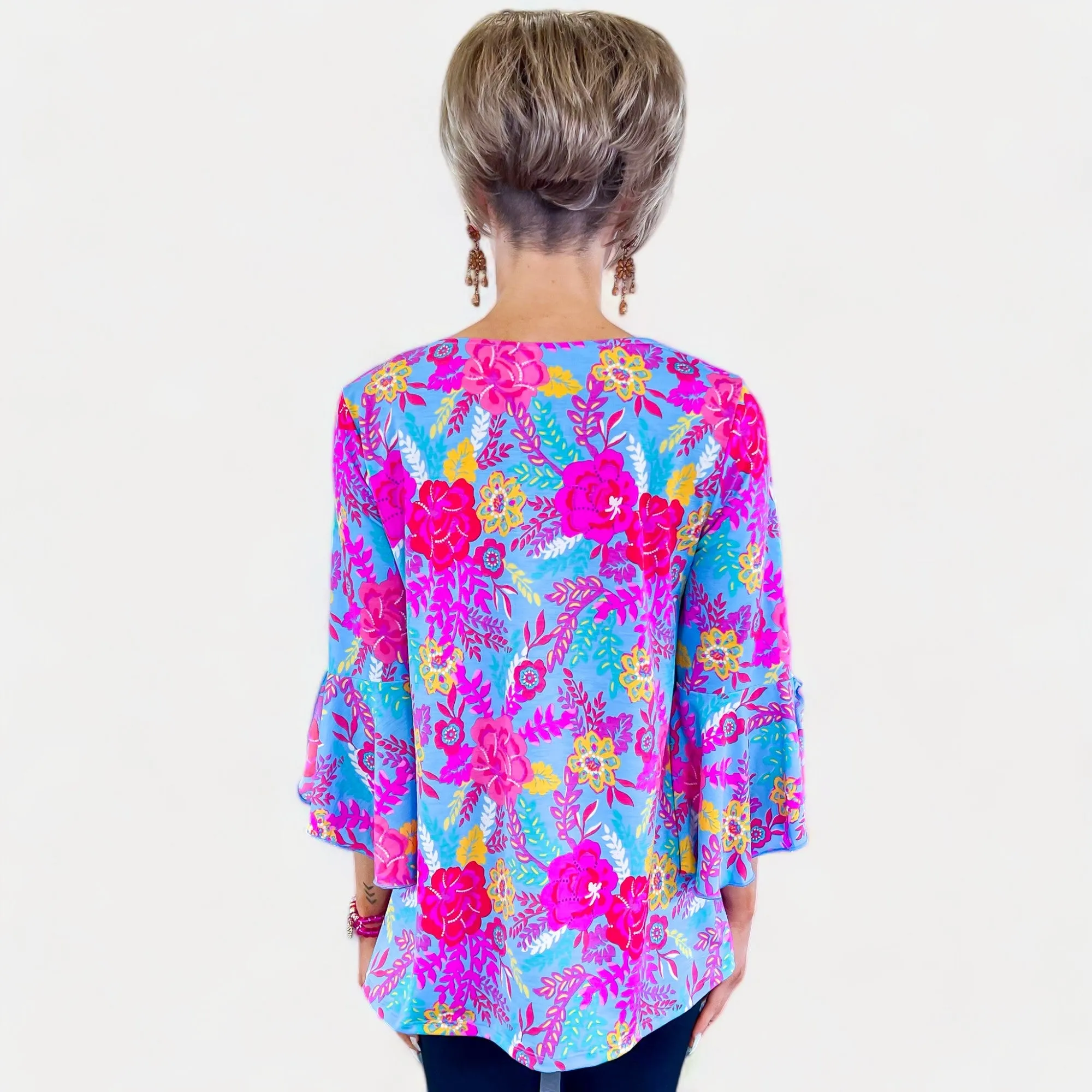 Blue Floral Bell Sleeve Top [NO RETURNS]