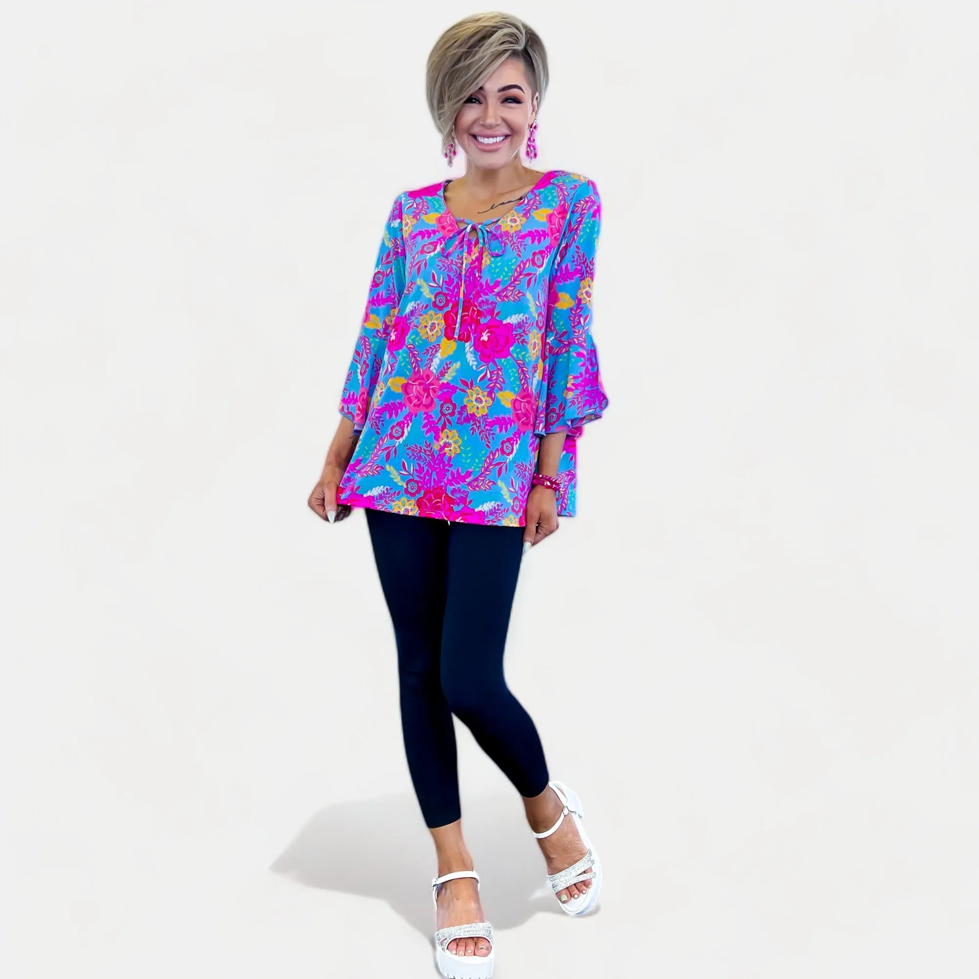 Blue Floral Bell Sleeve Top [NO RETURNS]