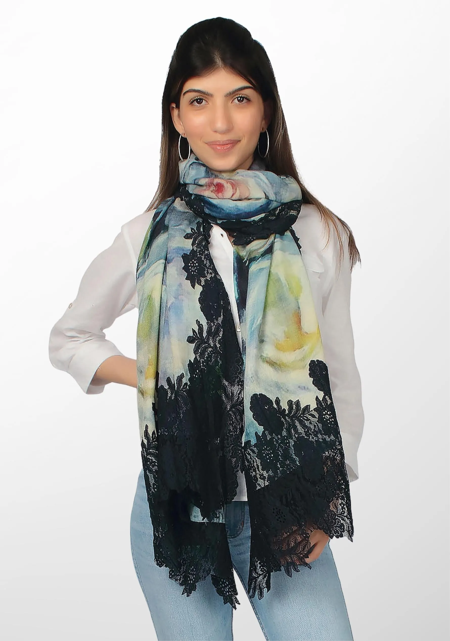 Blue Water Lillies Print Wool And Silk Scarf with a Navy Blue Floral Lace Border