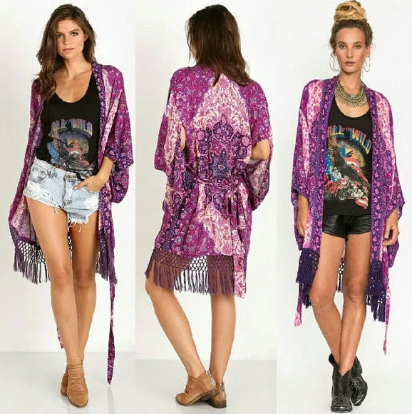 Boho Kimono "Kiss The Sky" Purple Violet Floral With Lattice Fringe Cast A Gypsy Spell On Him One Size Fits Small Medium Or Large