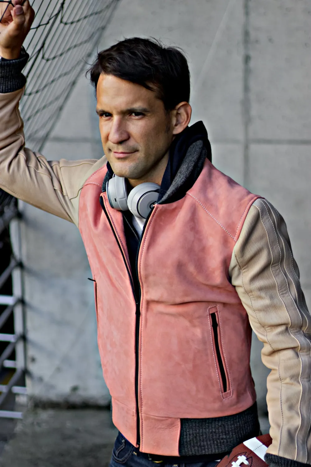 BOSTON 80 Leather Buffalo Suede Varsity Jacket - PINK & Ivory Stripes Raw Code