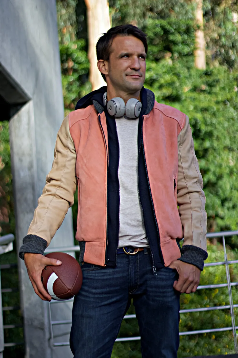 BOSTON 80 Leather Buffalo Suede Varsity Jacket - PINK & Ivory Stripes Raw Code