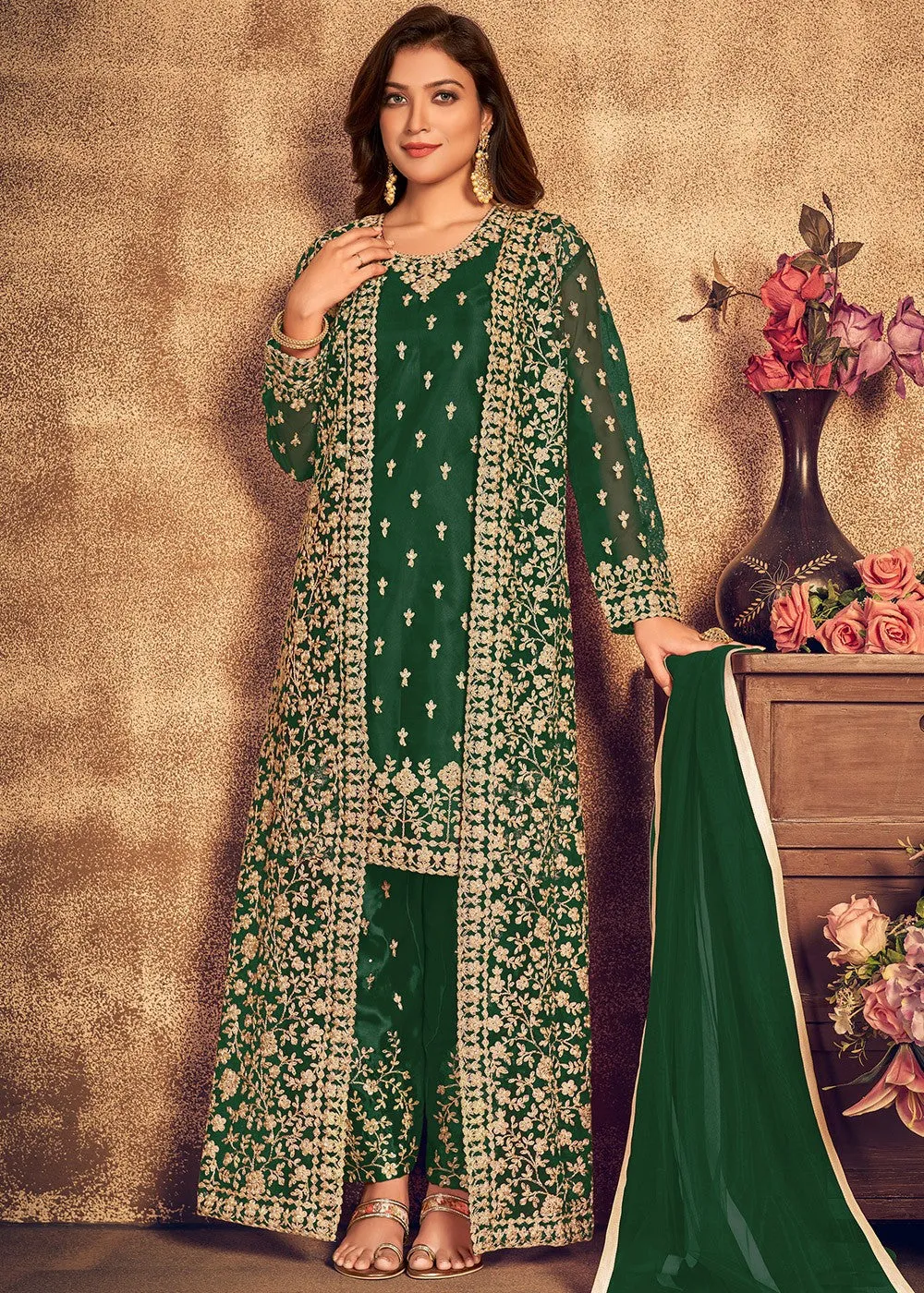 Bottle Green Satin Net Suit with Heavy Jacket