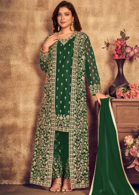 Bottle Green Satin Net Suit with Heavy Jacket