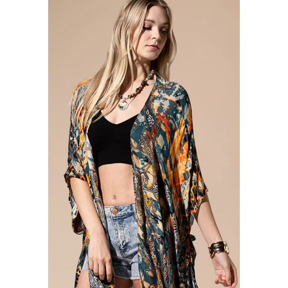 Brookwood Paisley & Animal Print Kimono Open Wrap Top Casual One Size