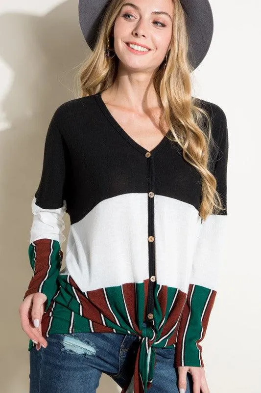 Brushed Mixed Striped Solid Waist Tie Top