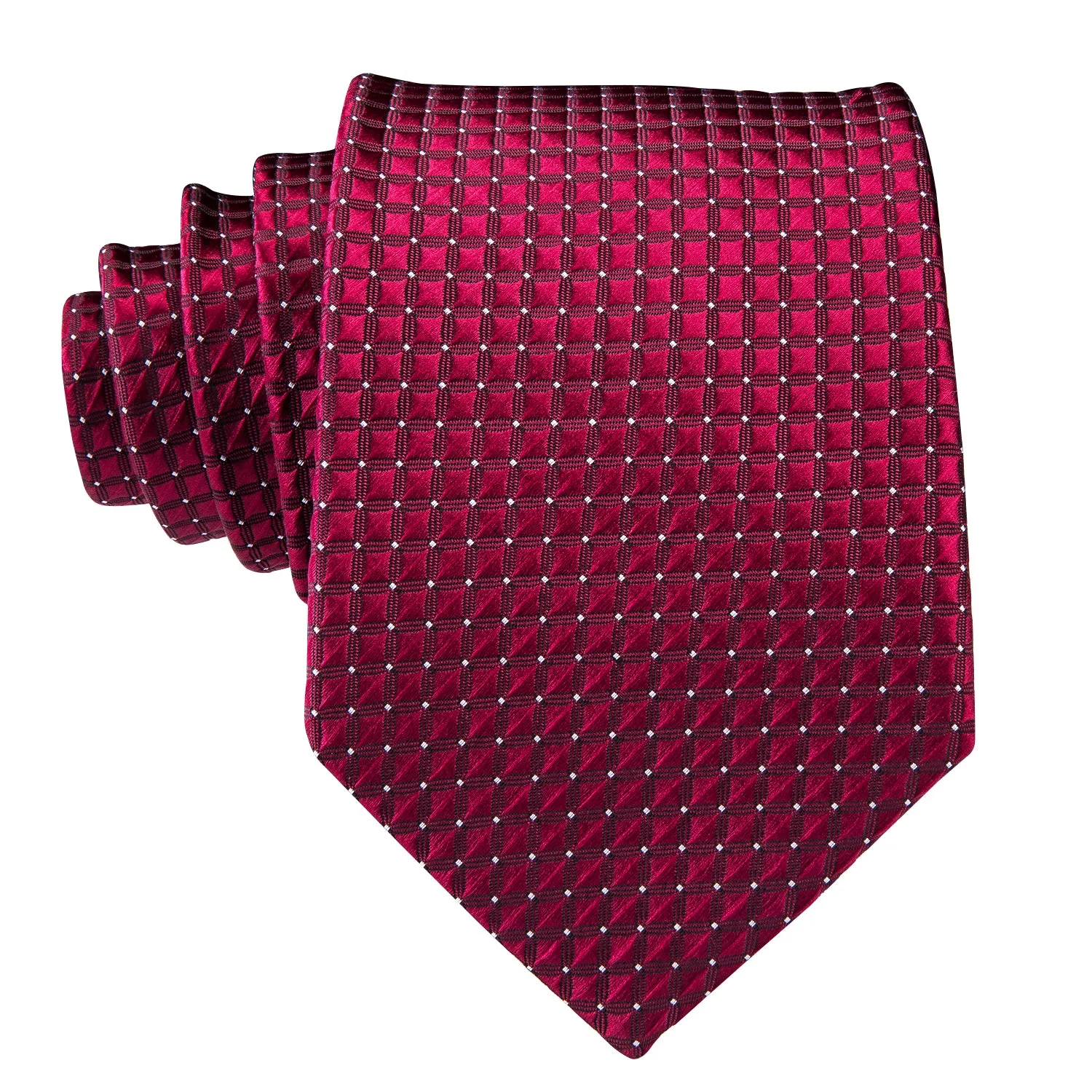 Burgundy Red Plaid Silk Men's Tie Handkerchief Cufflinks Set