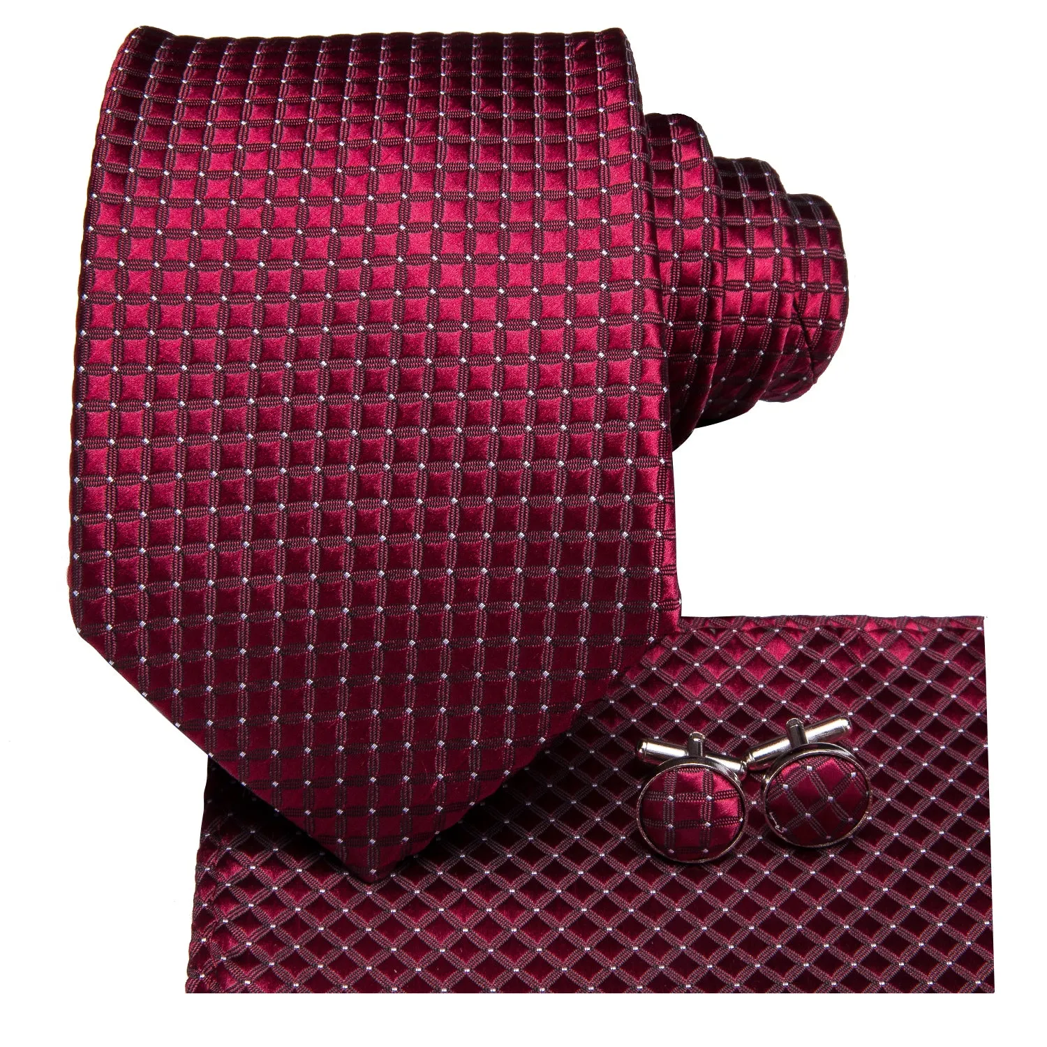 Burgundy Red Plaid Silk Men's Tie Handkerchief Cufflinks Set