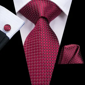 Burgundy Red Plaid Silk Men's Tie Handkerchief Cufflinks Set