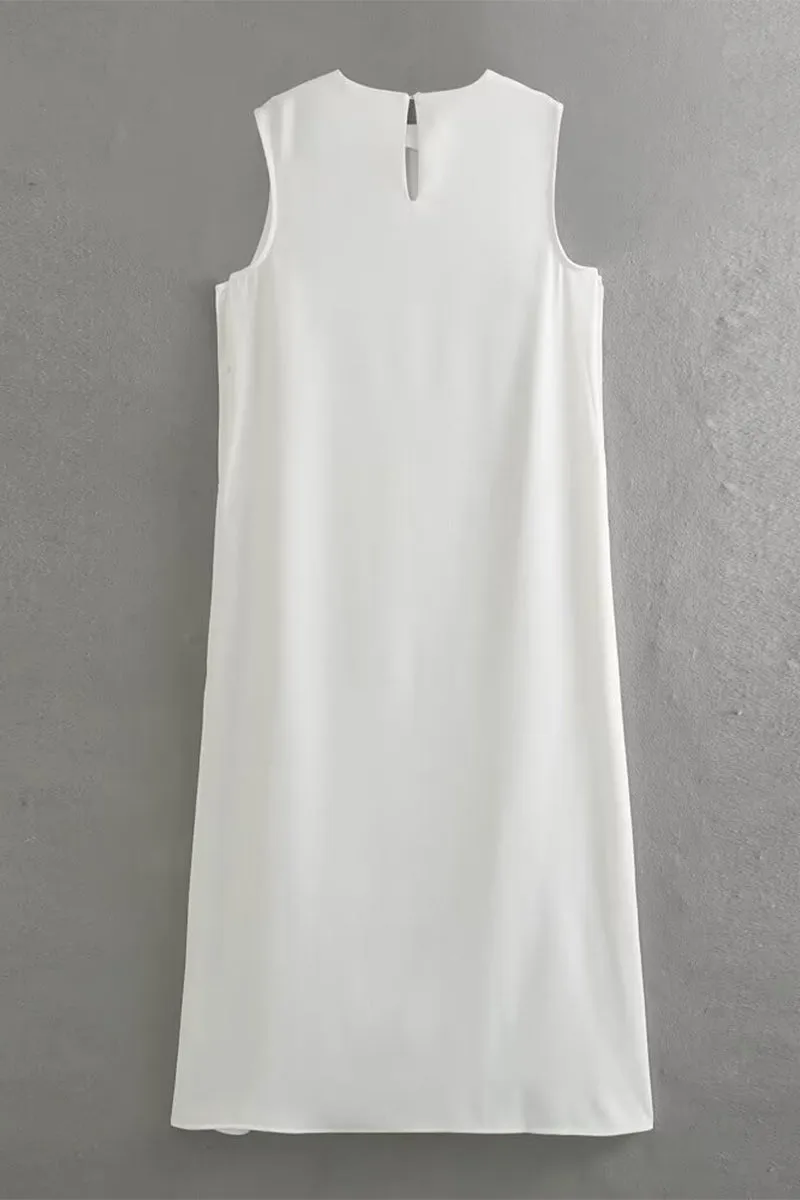 Casual Simplicity Solid Buttons Slit O Neck Sleeveless Dresses