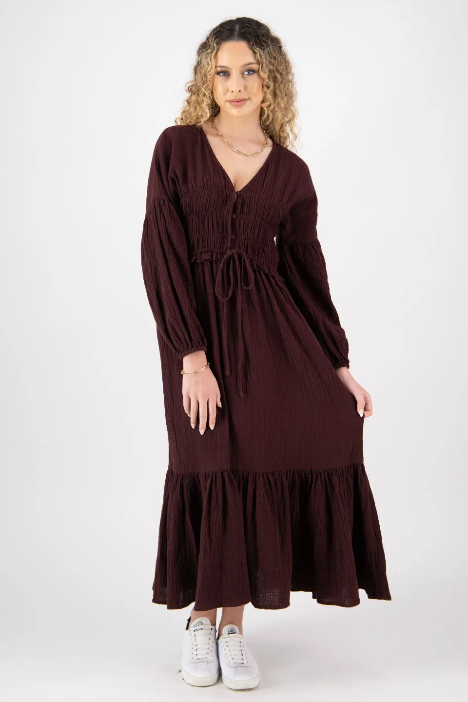 Chelsea Raisin Cotton Blouson LS Midi Dress