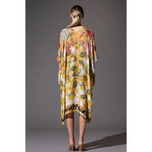 Chicory Yellow Floral Border Open Wrap Kimono Top One Size