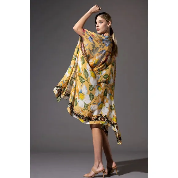 Chicory Yellow Floral Border Open Wrap Kimono Top One Size