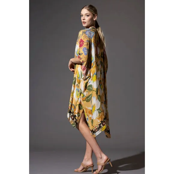 Chicory Yellow Floral Border Open Wrap Kimono Top One Size