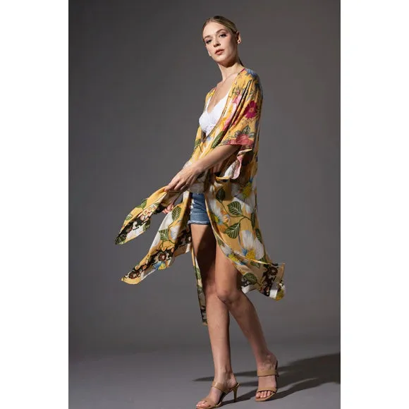 Chicory Yellow Floral Border Open Wrap Kimono Top One Size