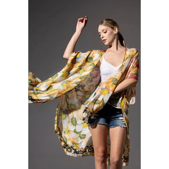 Chicory Yellow Floral Border Open Wrap Kimono Top One Size