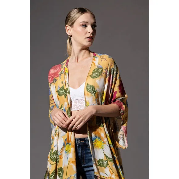 Chicory Yellow Floral Border Open Wrap Kimono Top One Size