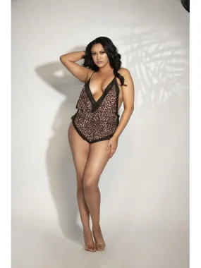 Chiffon Romper w Surplice Neckline And Lace Trim STM-11247X-Leopard-3X/4X