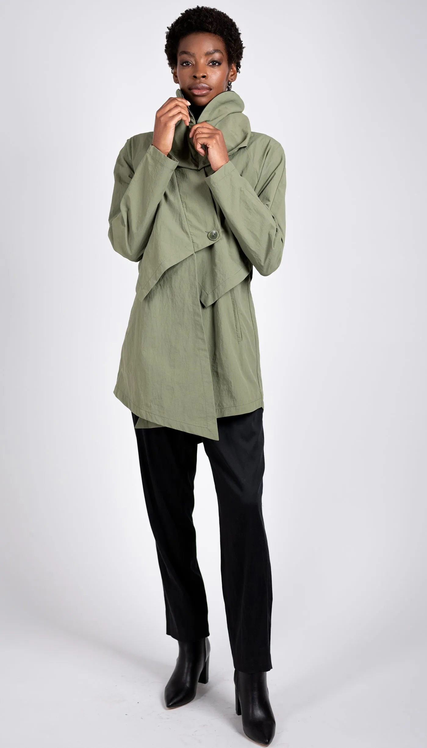 Convertible Hood Asymmetrical Rain Jacket/ Sage Green