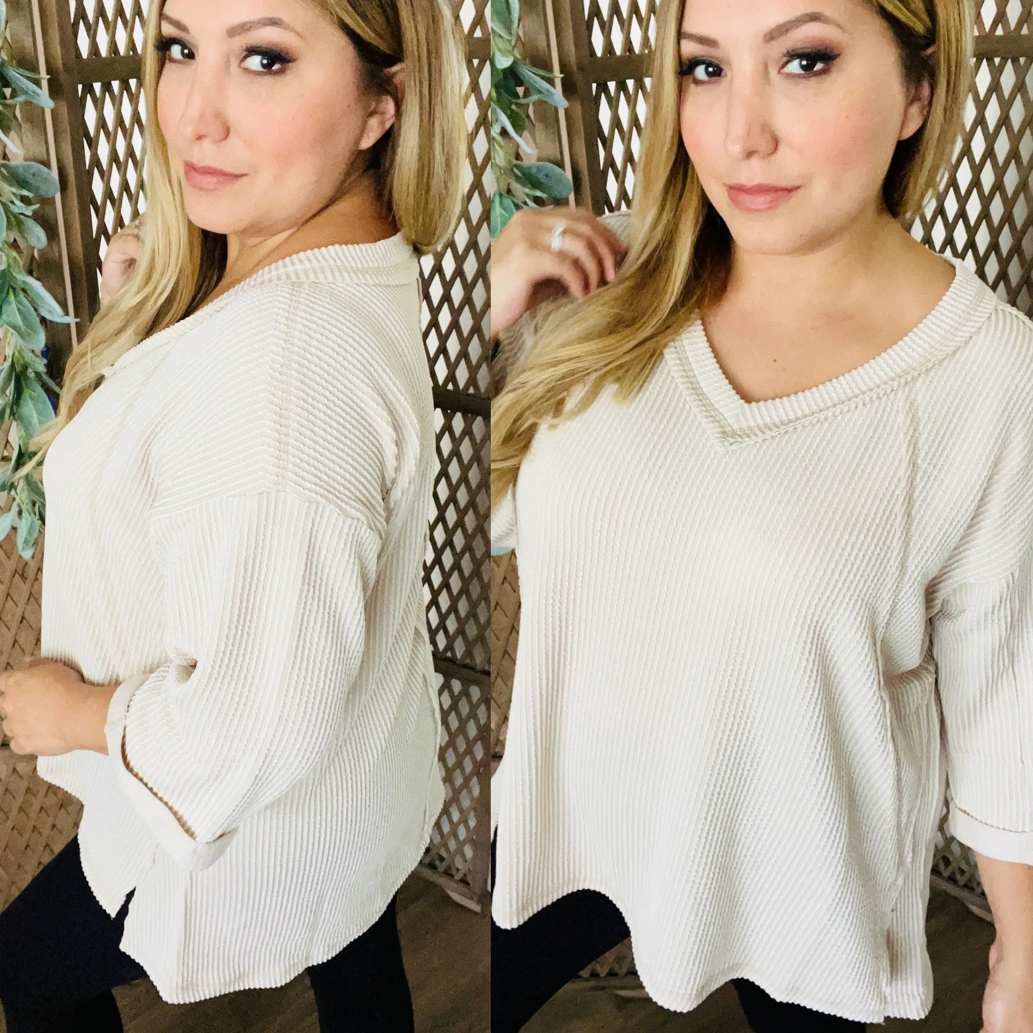 Corded Rib 3/4 Sleeve Hi-Low V Neck Top: Sand Beige