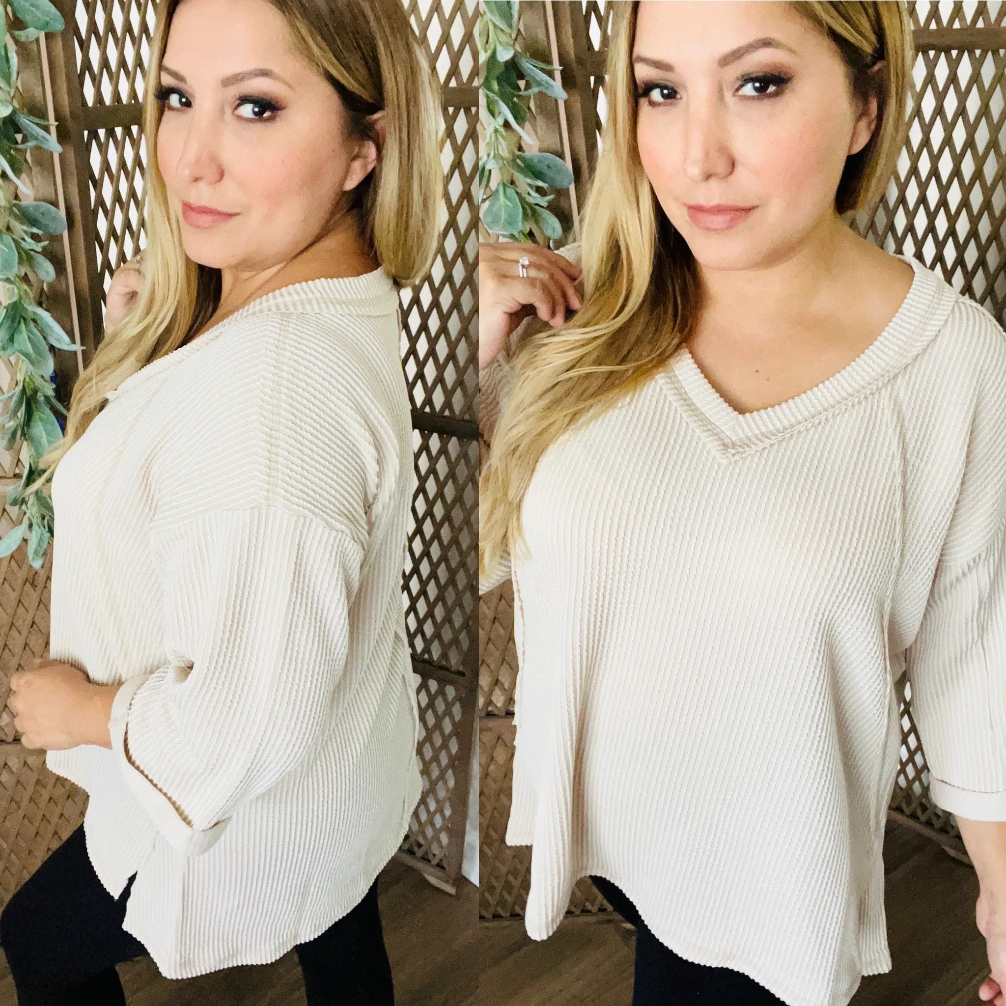 Corded Rib 3/4 Sleeve Hi-Low V Neck Top: Sand Beige