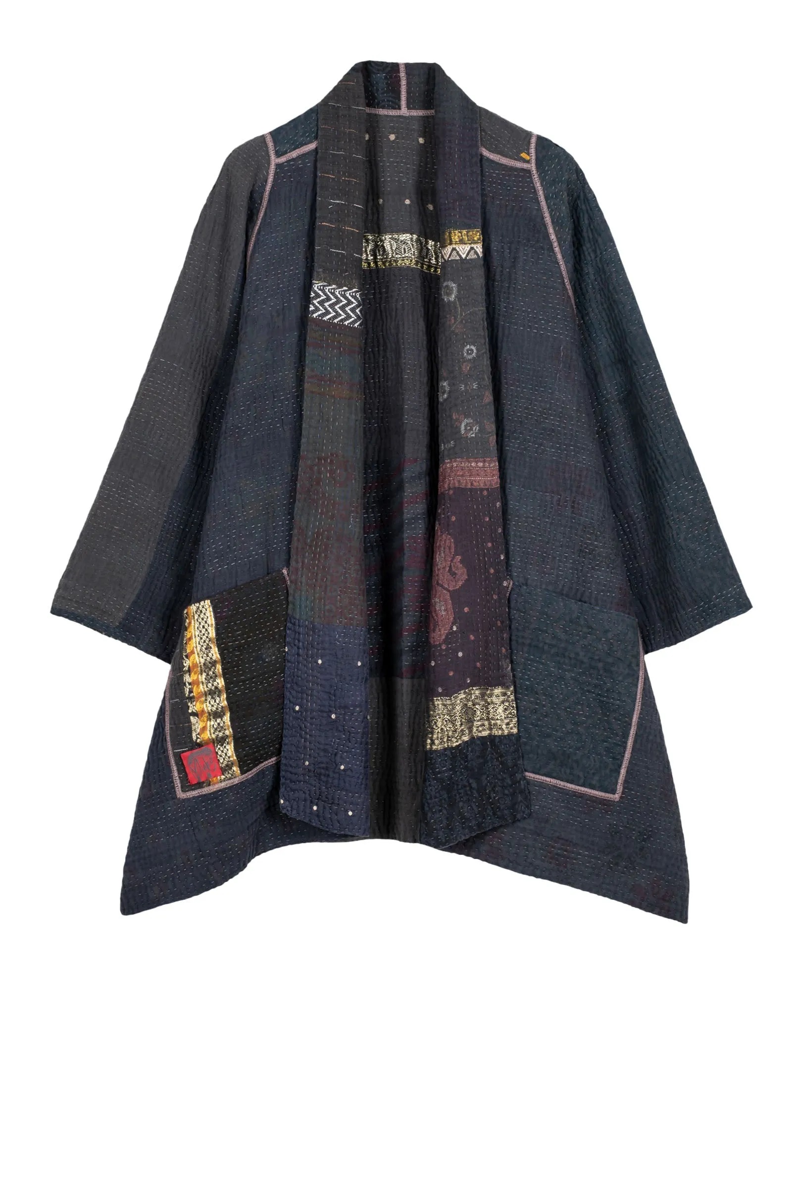 COTTON SILK SW PATCH KANTHA A-LINE JKT - ws4003-blk -