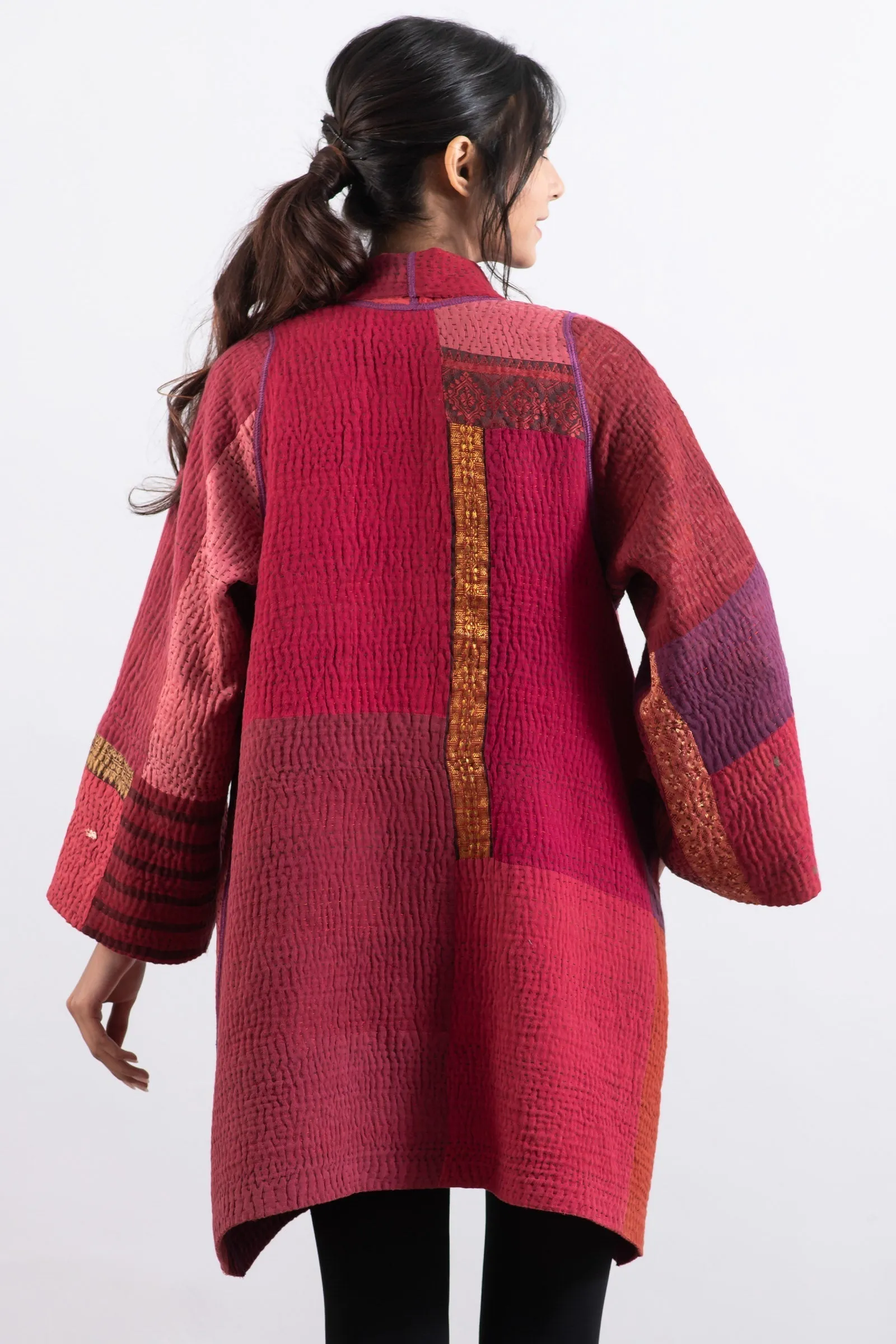 COTTON SILK SW PATCH KANTHA A-LINE JKT - ws4003-red -