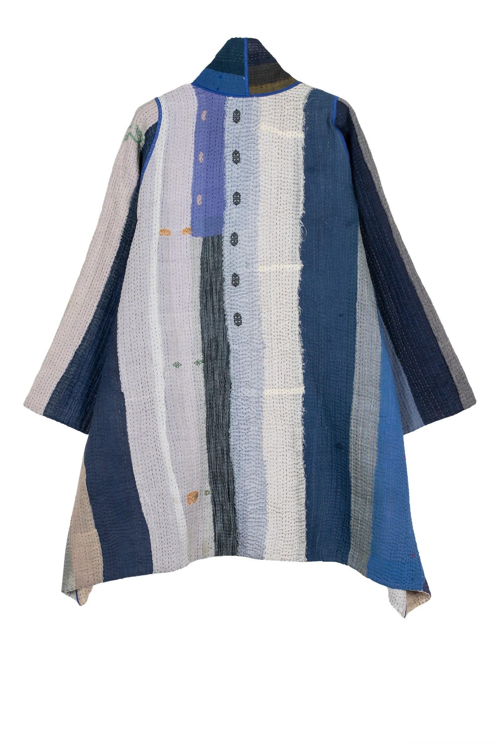 COTTON STRIPE PATCH KANTHA A-LINE JKT - cs4003-blu -