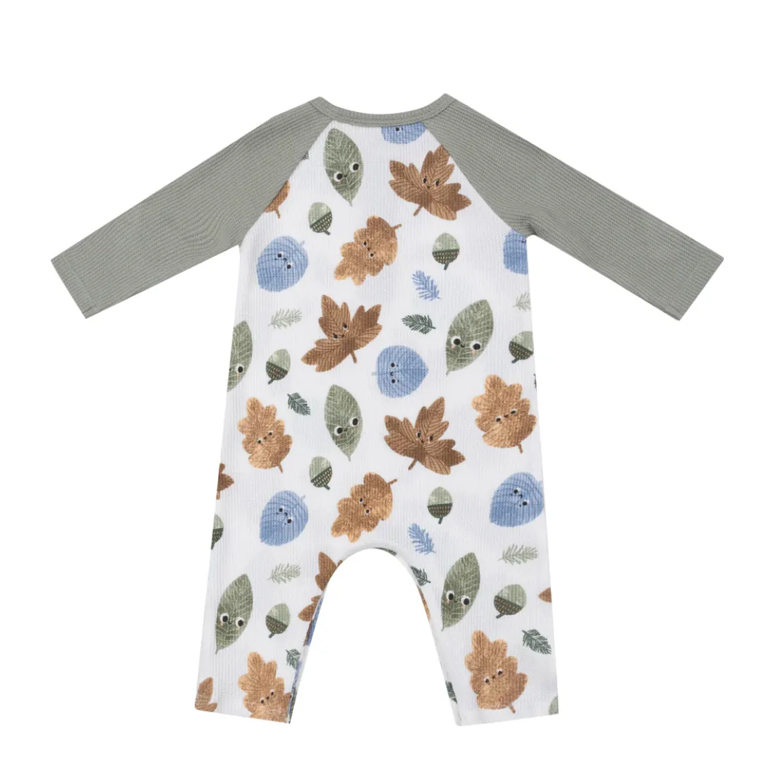 Cuddly Leaves Long Sleeve Raglan Henley Romper