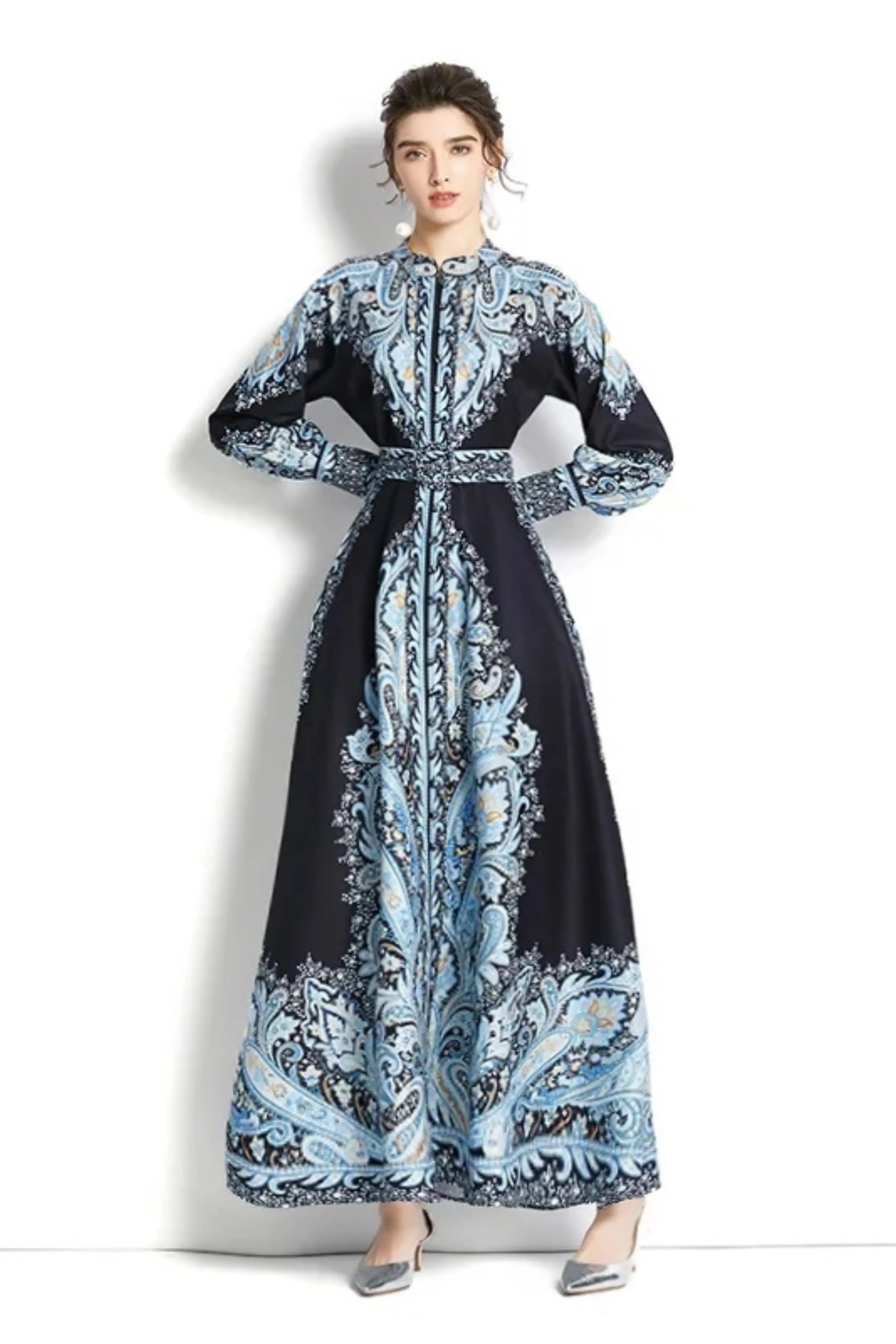 DARK BLUE  PORCELAIN  BELTED PRINT MAXI DRESS / KIMONO