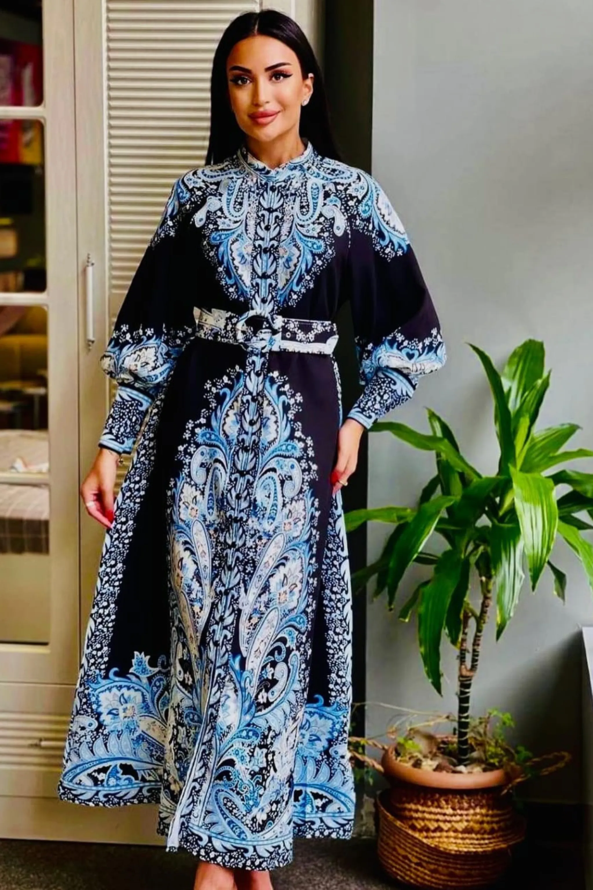 DARK BLUE  PORCELAIN  BELTED PRINT MAXI DRESS / KIMONO