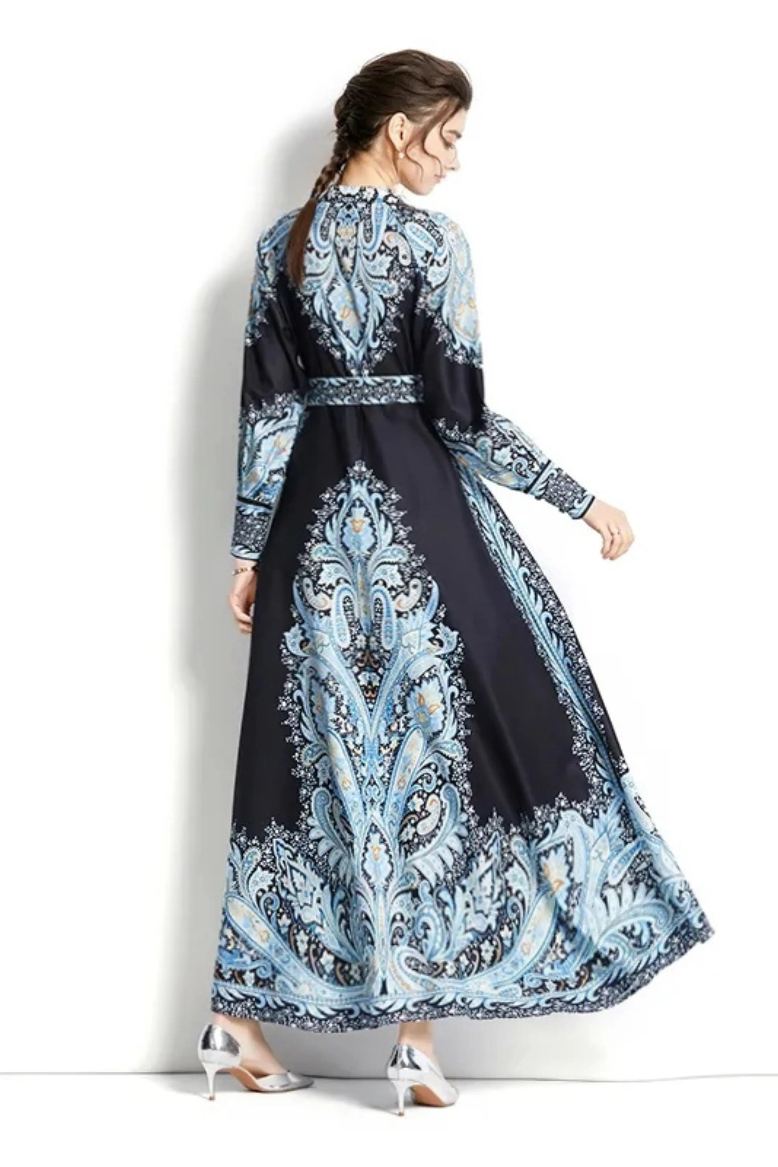 DARK BLUE  PORCELAIN  BELTED PRINT MAXI DRESS / KIMONO