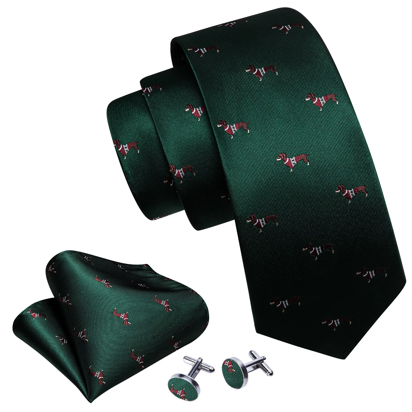 Dark Green Dog Pattern Novelty Silk Men's Necktie Hanky Cufflinks Set