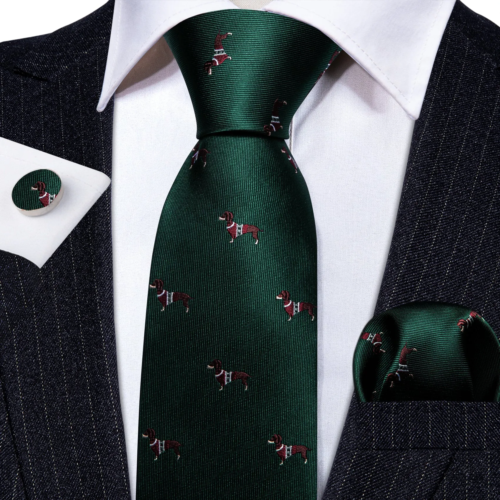 Dark Green Dog Pattern Novelty Silk Men's Necktie Hanky Cufflinks Set