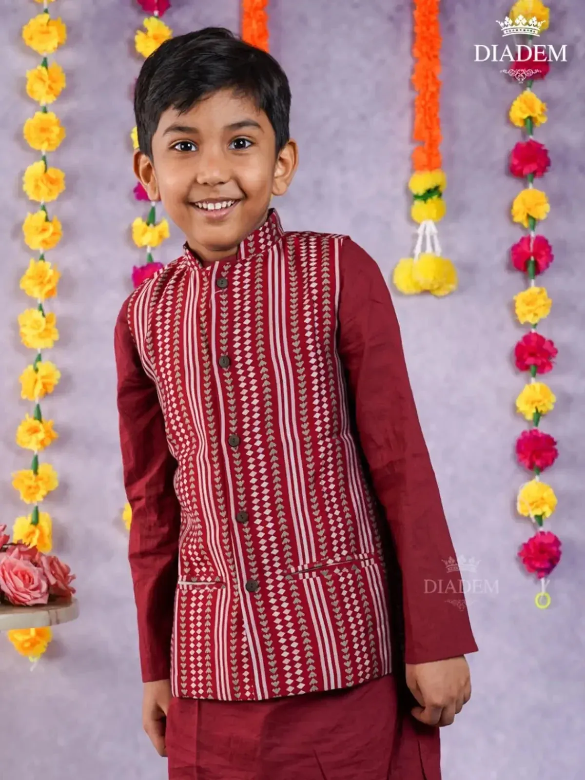 Dark Maroon Kurta Pyjama with Design Jacket