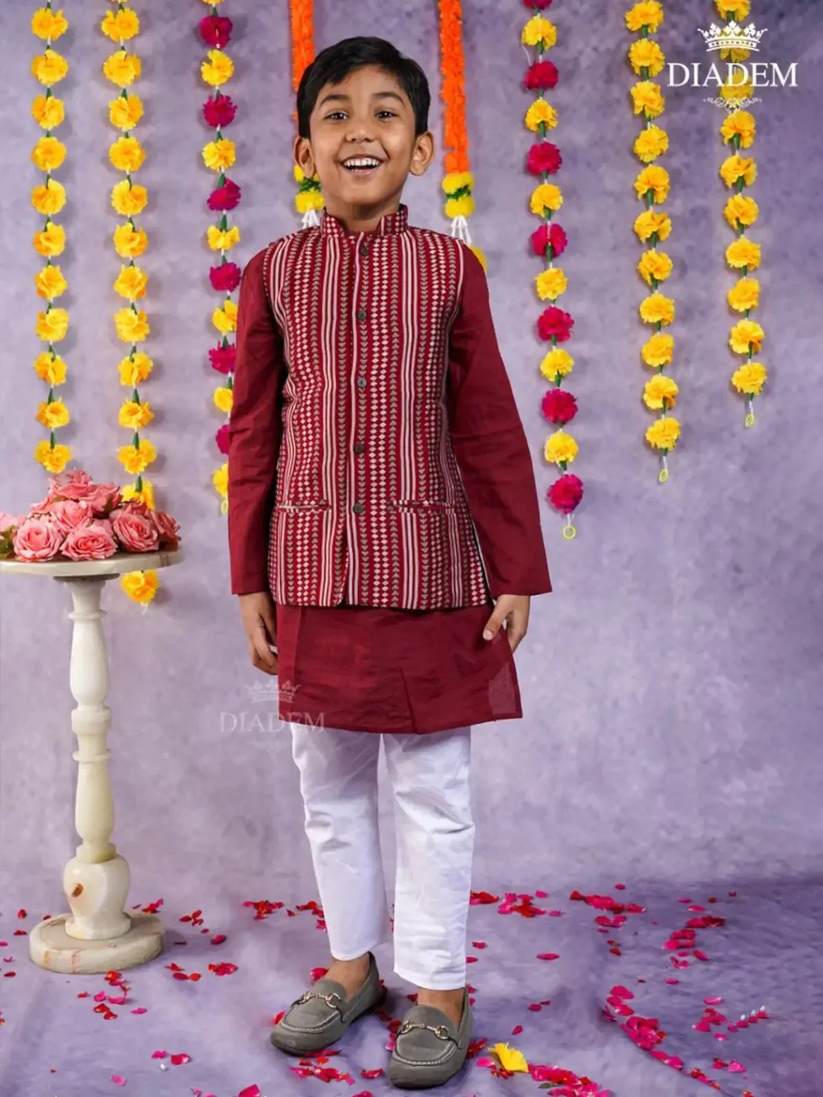 Dark Maroon Kurta Pyjama with Design Jacket