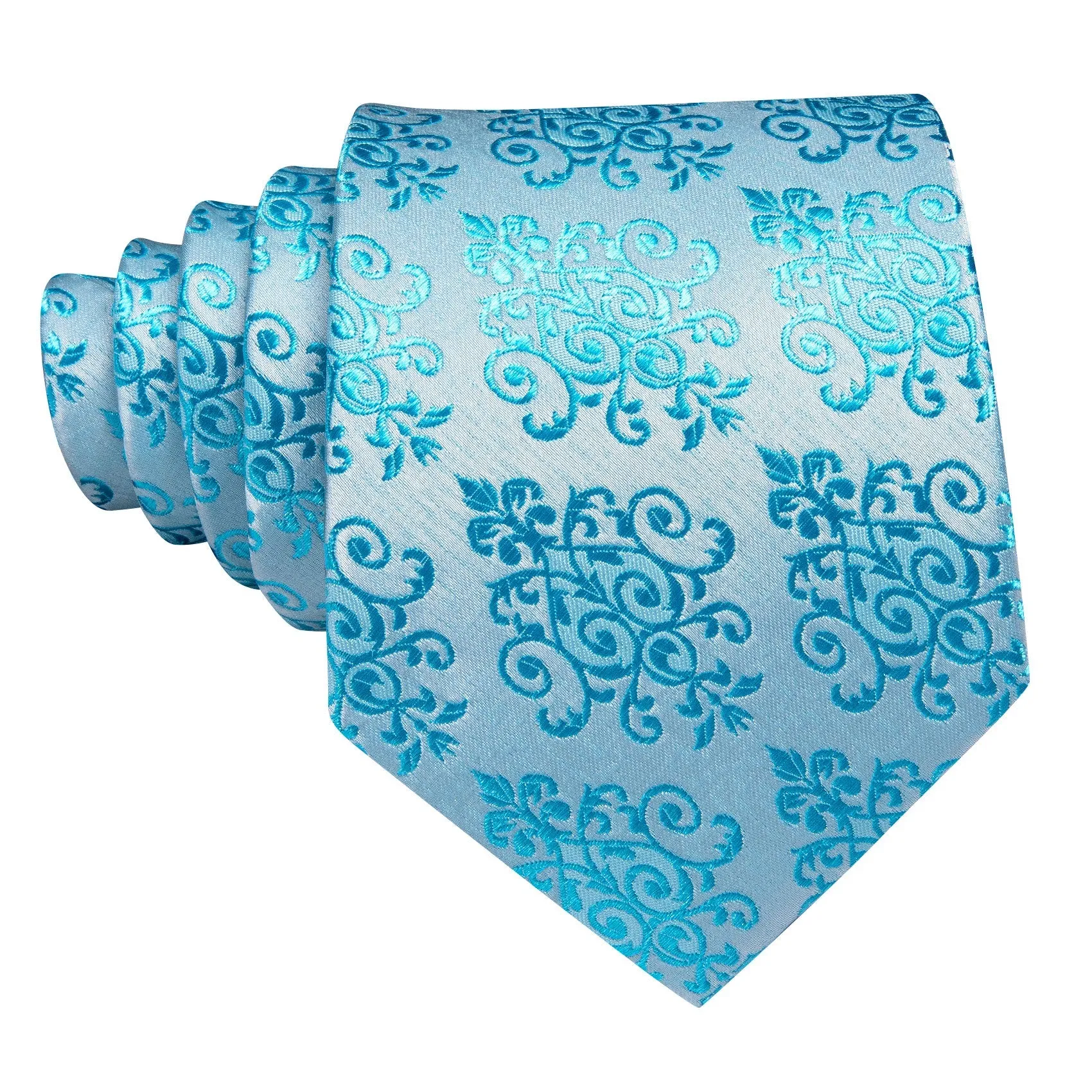 DeepSkyBlue Floral Men's Necktie Pocket Square Cufflinks Set