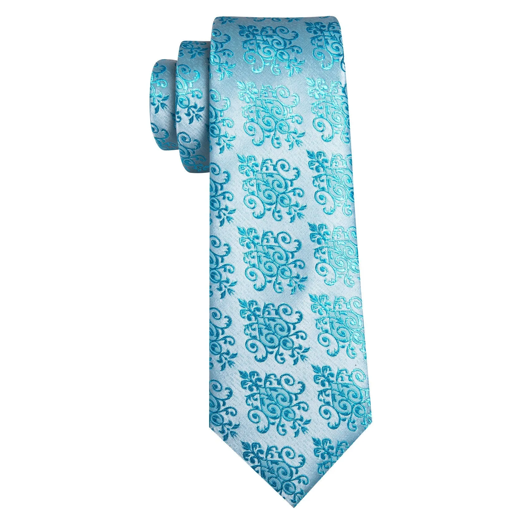 DeepSkyBlue Floral Men's Necktie Pocket Square Cufflinks Set