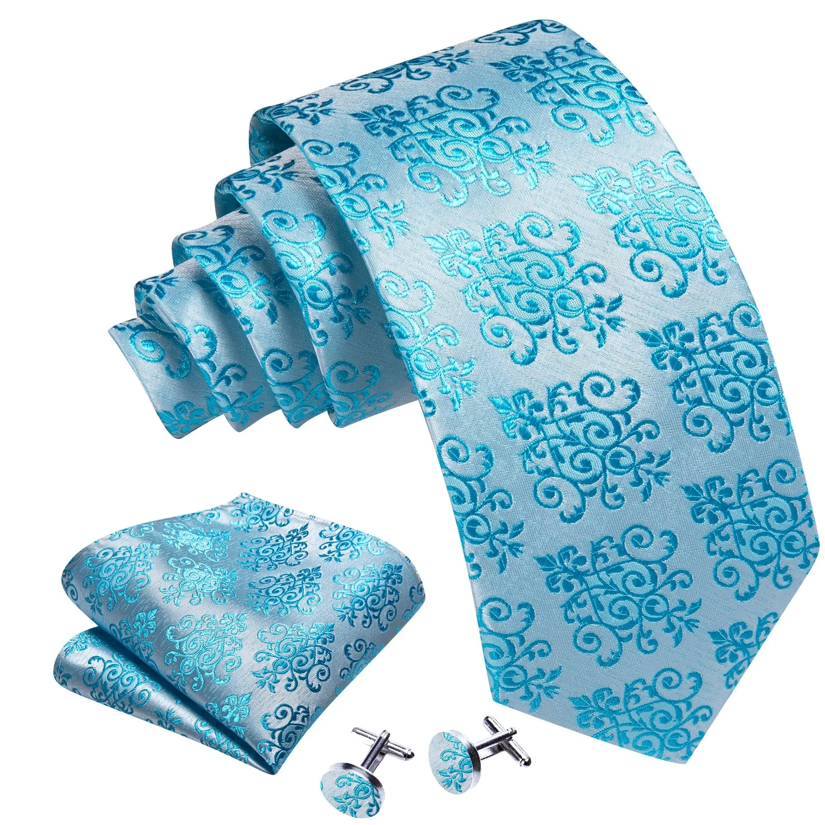 DeepSkyBlue Floral Men's Necktie Pocket Square Cufflinks Set