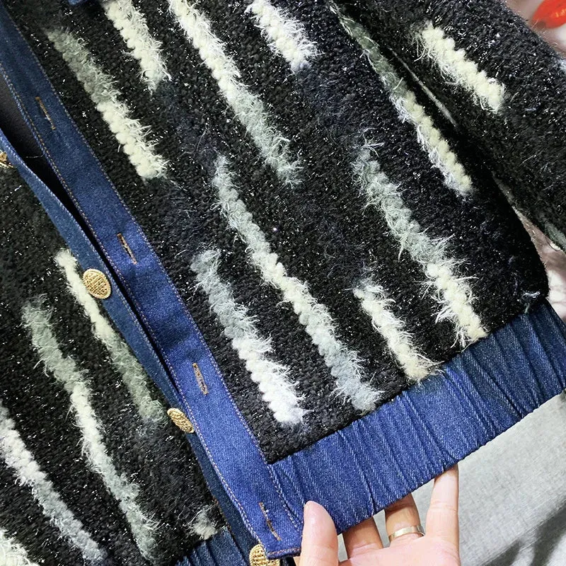 Denim Splice Stripe Woolen Jacket