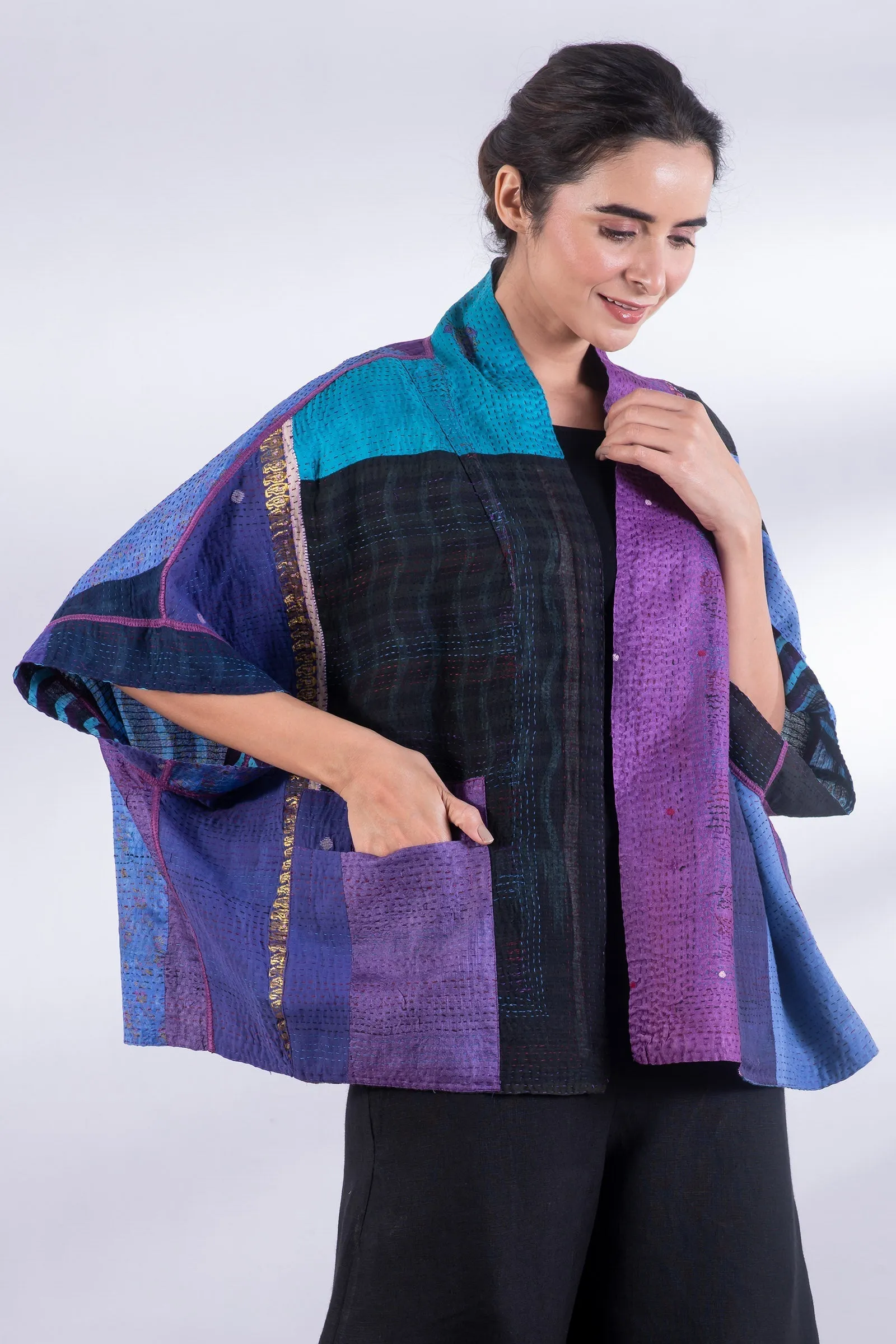 DESERT WAVES KANTHA MINI PONCHO - dw2060-blu -