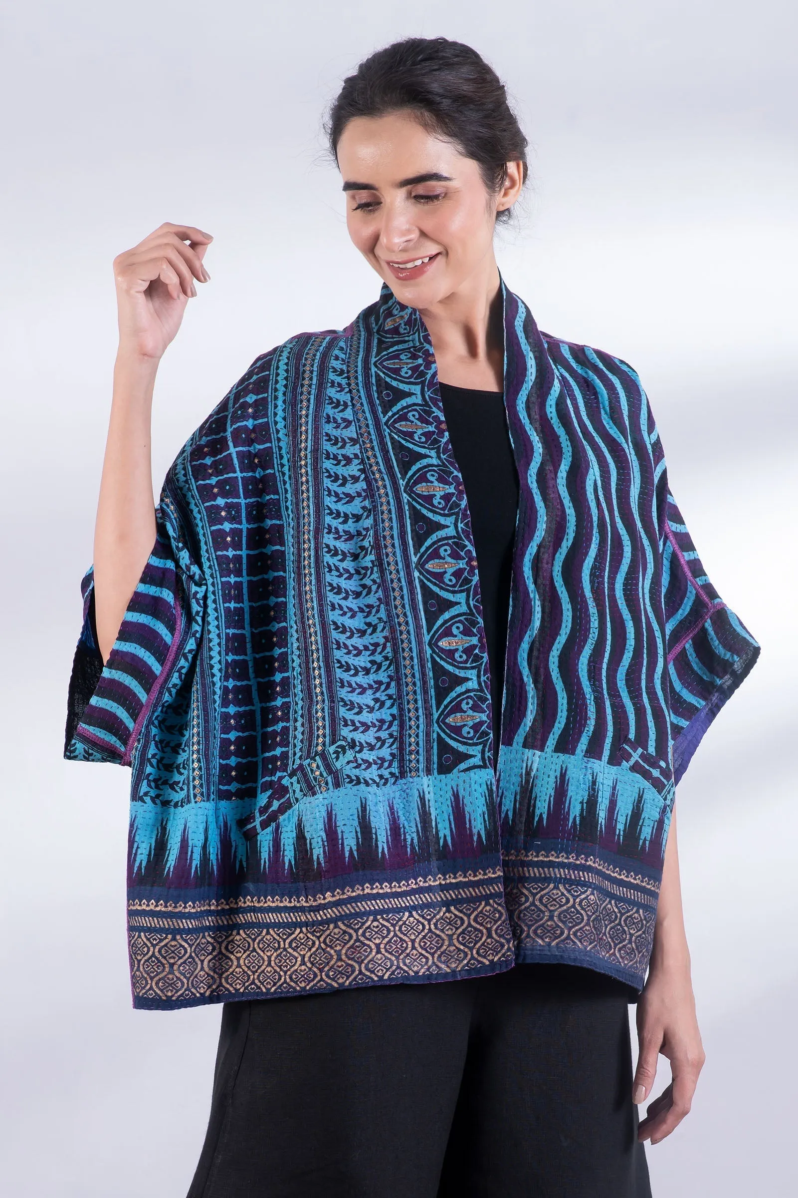 DESERT WAVES KANTHA MINI PONCHO - dw2060-blu -