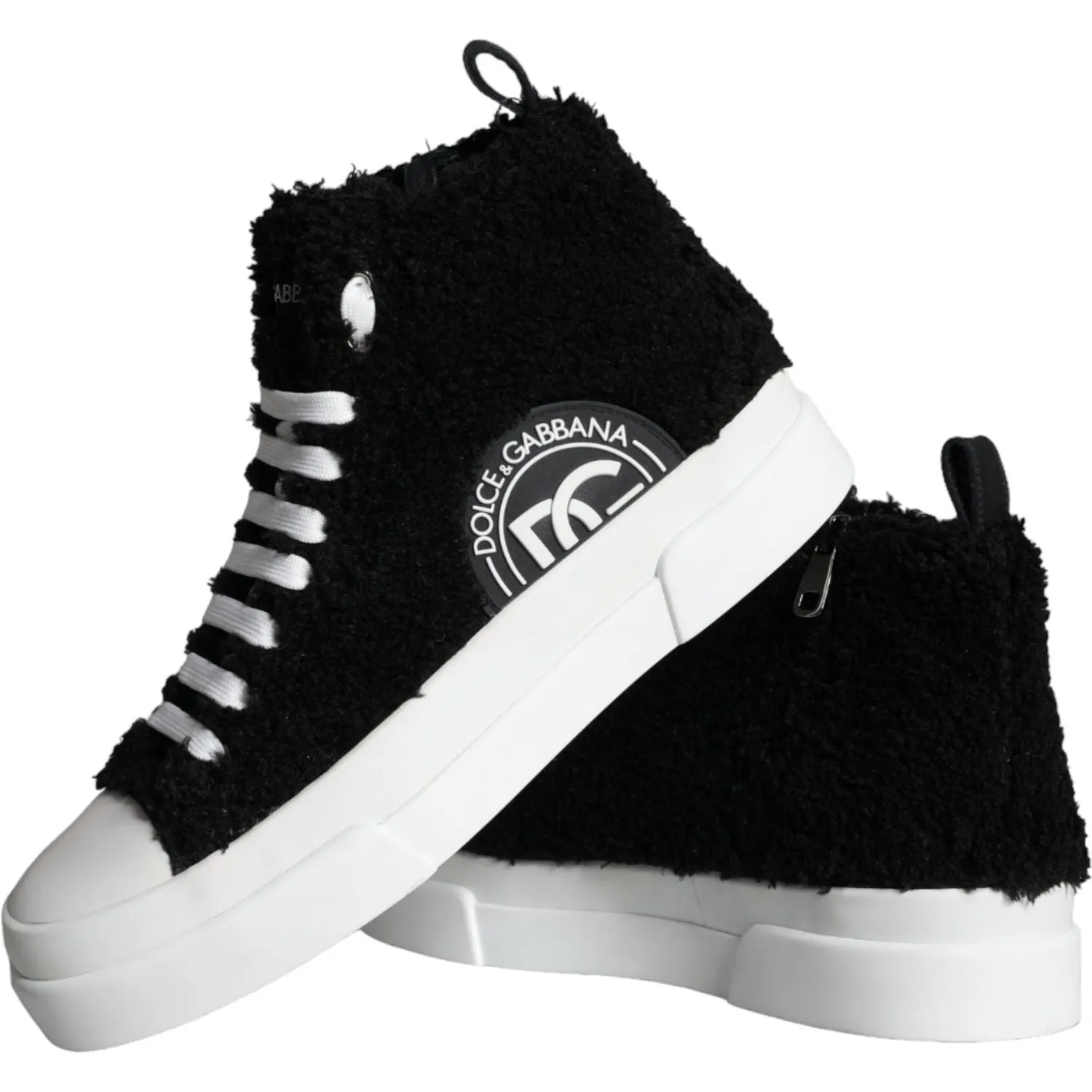 Dolce & Gabbana Black White Fur Logo High Top Sneaker Shoes